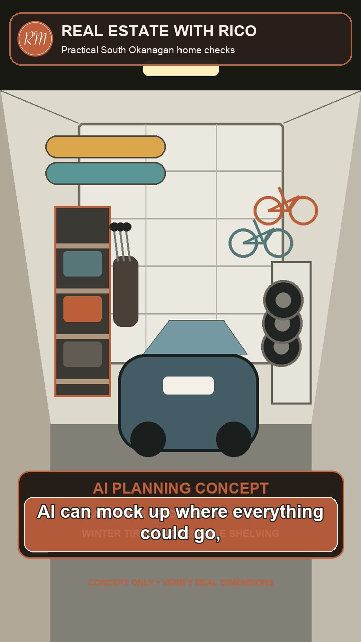 Representative AI planning concept showing a car, wall shelving, bicycles, tires and sports gear arranged in a garage
